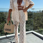 Holiday Crochet Flowers Lace Short Sleeve Shirt and Elastic Waist Wide Leg Pants Set