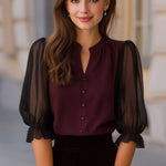Sheer Puff Sleeve Button-Up Blouse