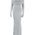 Long Sleeves Skinny Pleated Solid Color Split-Joint Off-The-Shoulder Evening Dresses Maxi Dresses