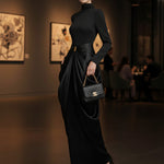 Long Sleeves Buckle Draped High-Neck Evening Dresses Maxi Dresses