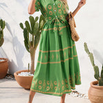 A-Line Half Sleeves Buttoned Tied Waist Lapel Midi Dresses