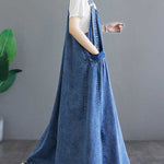 A-Line Loose Pleated Pockets Split-Joint Spaghetti-Neck Maxi Dresses Suspender Dress