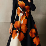 A-Line Long Sleeves Contrast Color Flower Print Mock Neck Midi Dresses