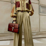 Long Sleeves Loose Buttoned Contrast Color Plaid Lapel Blouses&Shirts Tops