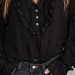 Vintage Black Ruffle Long Sleeve Blouse With Lace Trim