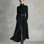 Women's Black Elegant Wool - Blend Turtleneck Belted Maxi Coat