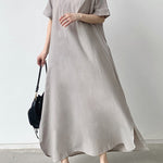 Loose Short Sleeves Solid Color V-Neck Maxi Dresses