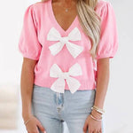 V Neck Short Sleeves Bow Knot Knit Top