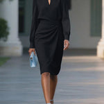 Elasticated Waist High Waisted Hollow Pleated Solid Color Round-Neck Midi Dresses
