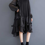 High-Low Long Sleeves Contrast Color Ruffle Trim Split-Joint Round-Neck Midi Dresses