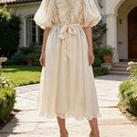 Half Sleeves High Waisted Pleated Ruffled Tied Waist Zipper Round-Neck Maxi Dresses