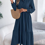 High Waisted Long Sleeves Pleated Ruffled Solid Color Lapel Midi Dresses Shirt Dress