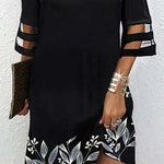 Half Sleeves Loose Hollow Leaves Print Mesh Split-Joint Cold Shoulder Mini Dresses