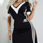 Short Sleeves Contrast Color Split-Side V-Neck Maxi Dresses