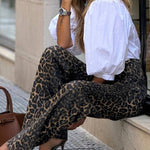 Wild denim leopard print high waist wide leg pocket pants