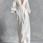 Women's Relaxed-fit White Pure Cotton Long Dress With A Cinched Waist
