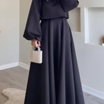 Three-Dimensional Floral Puff Sleeve Top + Long Swing Maxi Skirt Two-Piece Set