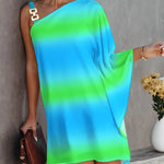 Batwing Sleeves Loose Color-Block Hollow Printed One-shoulder Mini Dresses Short Dresses