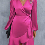 High Waisted High-Low Elasticity Pleated Solid Color Split-Joint Tied V-Neck Mini Dresses