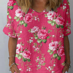 Women's Artistic Flower Pattern Cotton and Linen Short Sleeve Top
