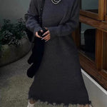 High Waisted Long Sleeves Fringed Solid Color Round-Neck Midi Dresses Sweater Dresses
