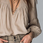 Vintage Pleated Collar Lace Trim Cotton  Linen Blouse