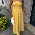 A-Line High Waisted Pleated Solid Color Split-Joint Tube Midi Dresses