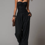 Vacation-style Strapless Pleated Cotton Blend Jumpsuit