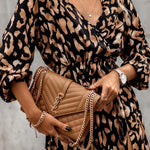Vacation Loose Long Sleeves Split-Side Leopard V-Neck Midi Dresses
