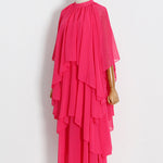 Loose Raglan Sleeve Solid Color Tiered Stand Collar Maxi Dresses