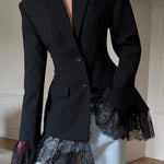 Solid Color Lace Panel Long Sleeve Button Elegant Blazer