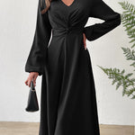 A-Line High Waisted Elasticity Knot Pleated Solid Color V-Neck Midi Dresses
