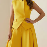 Elasticated Waist High Waisted Asymmetric Buttoned Solid Color Split-Joint Stand Collar Tank Top