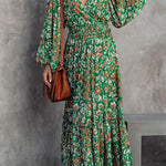Fashion printed lantern long-sleeved V-neck backless stitching dress