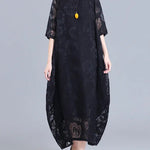 A-Line Half Sleeves Flower Print See-Through Solid Color Round-Neck Midi Dresses