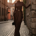 Long Sleeves Buckle Draped High-Neck Evening Dresses Maxi Dresses