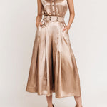Quiet Luxury Champagne Satin Sleeveless Button Blouse & High-Waist Midi Culottes Set