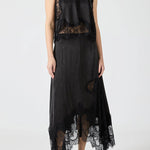 Modern Muse Satin Lace Trim Pleated Neck Top and A-line Irregular Slit Skirt Set