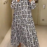 Printing Long Sleeves Loose V-Neck Maxi Dresses