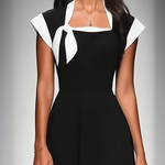 Women's Colorblock Square Neck Cap Shoulder Sleeve Waist Midi Dress