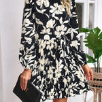 High Waisted Long Sleeves Flower Print Pleated Tied Waist Mock Neck Mini Dresses