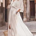 Soft and Elegant Kimono Sleeve Stretchy Waist Pocketed Slit Maxi Dress