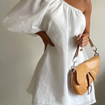 Loose Three-Quarter Sleeves Asymmetric Elasticity Solid Color One-Shoulder Mini Dresses