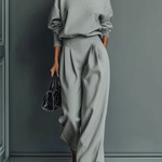 Women's Grey Blended Sweatshirt Wide-Leg Pants Set