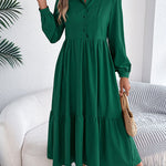 High Waisted Long Sleeves Pleated Ruffled Solid Color Lapel Midi Dresses Shirt Dress