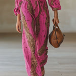Casual Loose Rose Red Chiffon Leopard Print Long-Sleeved Jumpsuit