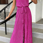Bright Pink Belted Drape Pleated Wide Leg Jumpsuit