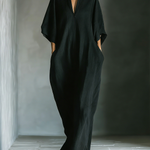 Women's Black Cotton Blend Fabric Oversized Kimono-Sleeve Maxi Dress With Pockets