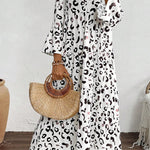 White Leopard Print Notch V Neck Loose Fit Maxi Dress
