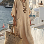 Striped Print V-Neck Casual Loose Pocket Maxi Dress